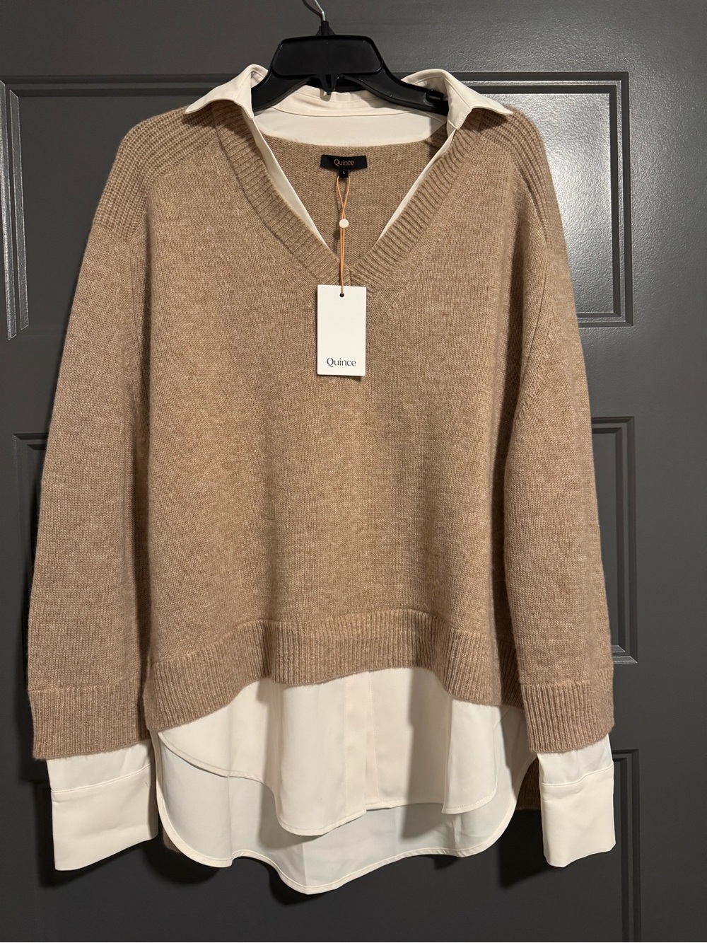 Quince Cashmere V‑Neck Sweater with Cream Layered Shirt
